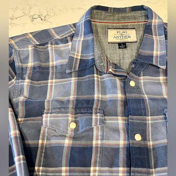 Flag & Anthem Plaid Flannel Snap Button Shirt – Navy / Blue Size Large - Picture 1 of 7